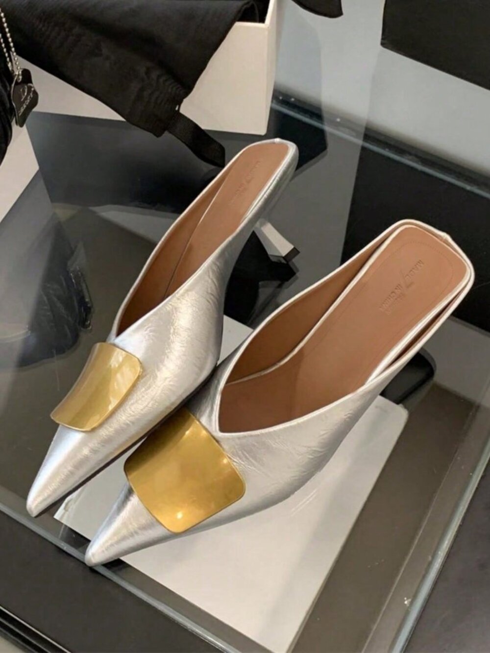 Silver Fashionable Women's Metal Buckle Mule Sandals Pointed Toe Thin Mid Heel